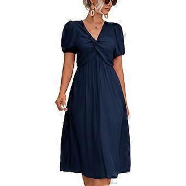 Naisten mekko, kierretty solmu, V-kaula, lyhyet pörröhihat, löysä helma, rento pitkä mekko päivittäiseen käyttöön (S Purplish Blue)