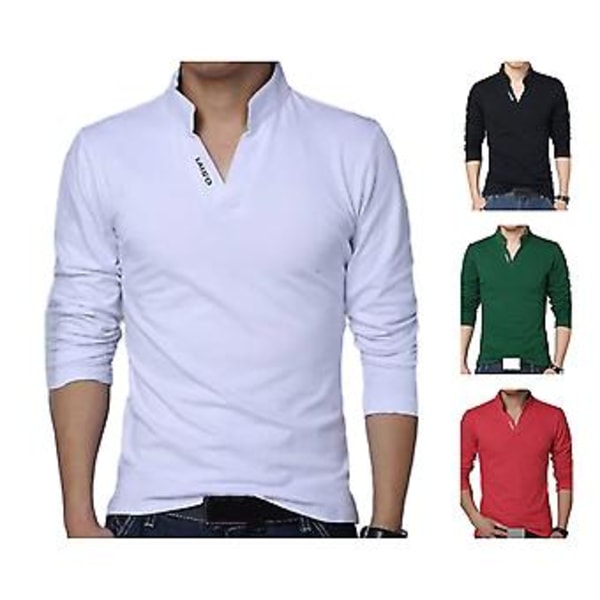 Mænd Forår Efterår T-shirt Stående Krave V-hals Langærmet Blød Slim Fit Ensfarvet Blød Åndbar Business Style Mænd Midt Lang Top (2XL Hvid)