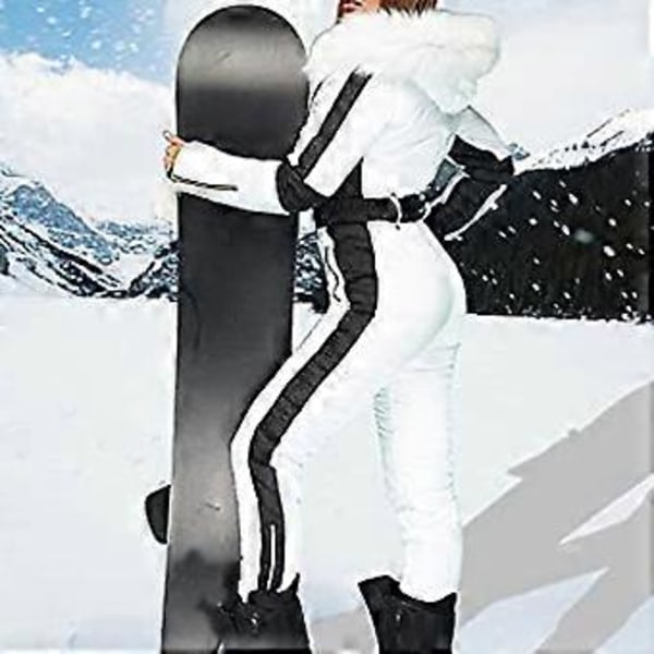 Dam Vinter Vattentät Skid Snowboard Sportkläder Overall med Huva och Foxs Päls (M Vit)