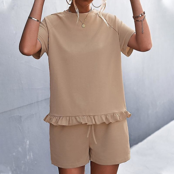 Ladies Loose Top And Shorts Home Clothes Women Summer Casual Crew Neck Khaki Khaki S