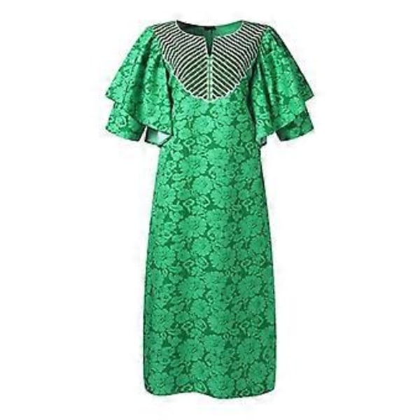 Dame Stor Størrelse Rund Hals Flæseærmer Printet A-Linje Talje Lang Kjole (4XL claret)