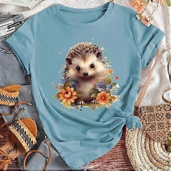 Fashionabla Dam Söt Djur Igelkott Blomma Tryck T-shirt Rolig Casual O-ringning Kortärmad T-shirt Sommar Dam Tee Shirt (8XL blå)