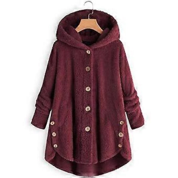 Damjacka Mode Knäppning Fluffig Ull Hooded Jacka Lös Vinter Värme Plus Size (5XL Rödvin)