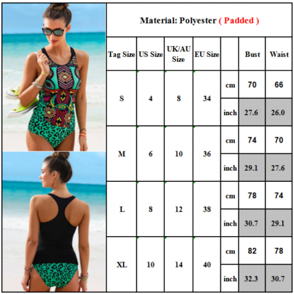 Grøn M Damer Vintage Boho Bikini Raceback Tankini Sæt Badetøj