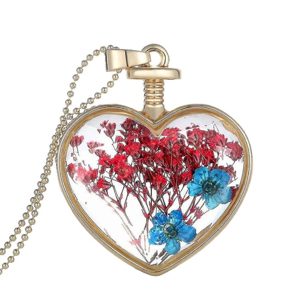 Peach heart golden blue flower photo box pendant transparent photo box real flower necklace