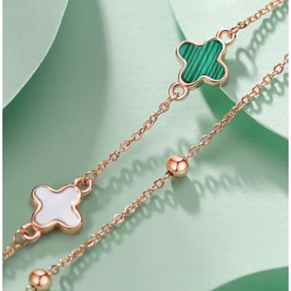 Dubbelskiktat armband med fyrklöver, silver   roséguldpläterat och justerbart - Armband med fyrklöverberlock i smycken för kvinnor