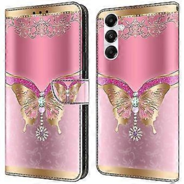 Magnetiskt fodral för Samsung Galaxy A35 5G med 3D-mönstertryck i läder, telefonskydd (Rosa guld fjäril)