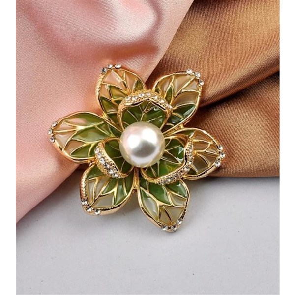 Vårgrön blomma brosch pin skelett kristall strass kronblad utsökt konst brosch för kvinnor pärla brosch guld elegant