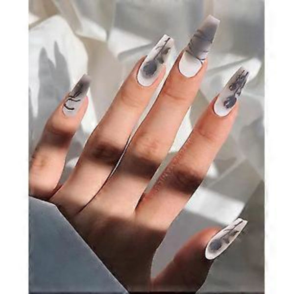 Matte Lange Tryk-På Kiste Negle Nøgen Ballerina Falske Negle med Sort Rose Mønster Design Akryl Fuld Dækning Falske Negletips 24stk