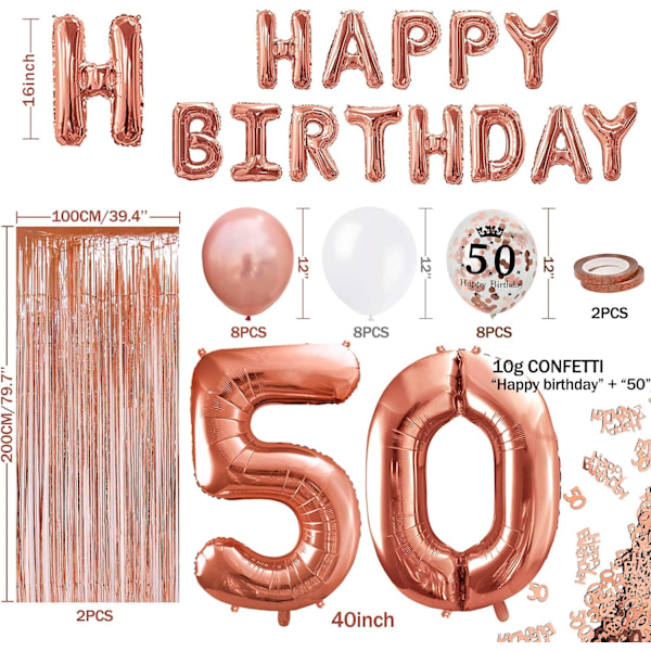 50-års guldrosa födelsedagsprydnad, grattis på födelsedagen banderoll, han
