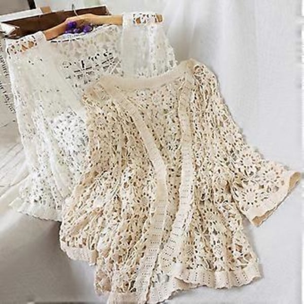Sommar Tunn Mellanlång Ärm Ny Enfärgad Spetsjacka Dam Cardigan Ihålig Stickad Topp Mode Casual Handgjord Tröja (beige)