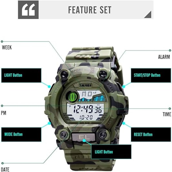Pojkar Camouflage LED Sport Barnklocka Vattentät Digital Elektronisk