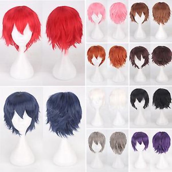 Peruk för cosplay, kort rak pojkstil, tecknad anime-fest, för män och kvinnor (rosa)