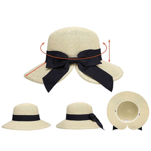 Dam Solhattar Upf 50 Bred brätte Halm Strand Sommarhatt För Dam Vikbar hästsvans Bowknot1st-vit