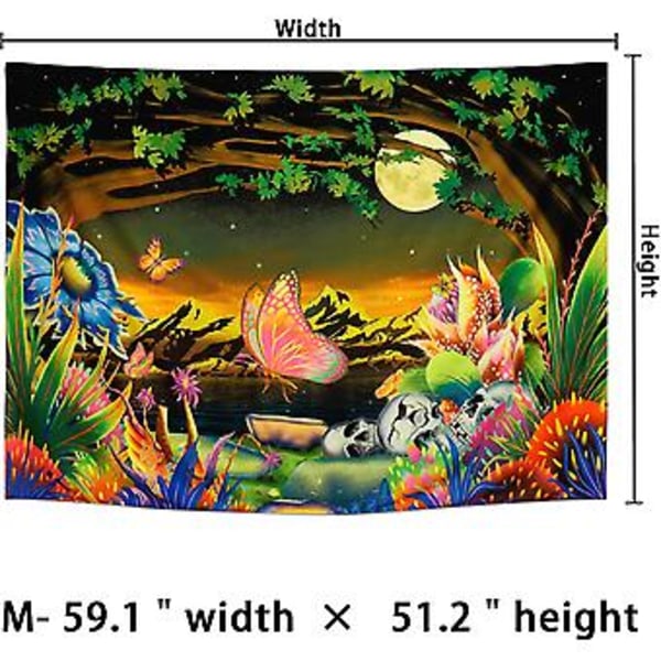 Svartljus Skog Gobeläng Trippig Blommig Växter Gobeläng UV-Reaktiv Fjäril Skalle Gobeläng Fantasy Måne Stjärnor Berg Natur Gobeläng Väggbonad