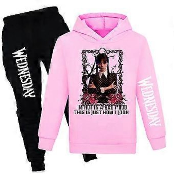 Wednesday Addams Tracksuit Set 7-14 År Barn Långärmad Casual Huvtröja Huvad Sweatshirt Topp Byxor Outfits Aktivkläder (11-12 År Rosa)