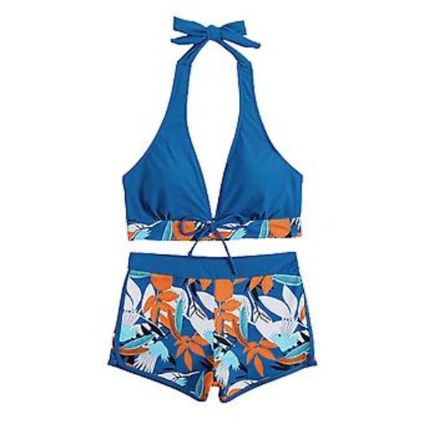 Kvinnors Padded Bikini Set med Lövtryck, Halterneck-BH, Slips-Topp, Hög Midja, Pojk-Shorts, Baddräkt, Sommarstrandkläder (S Blå)