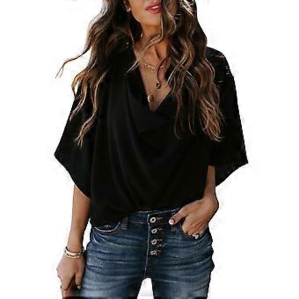 Kvinners Rynkede Topper V-Hals Kort Flaggermus Erme Løst Ren Farge Kvinner Casual Bluse for Fest Kontor Reise (XXL Svart)