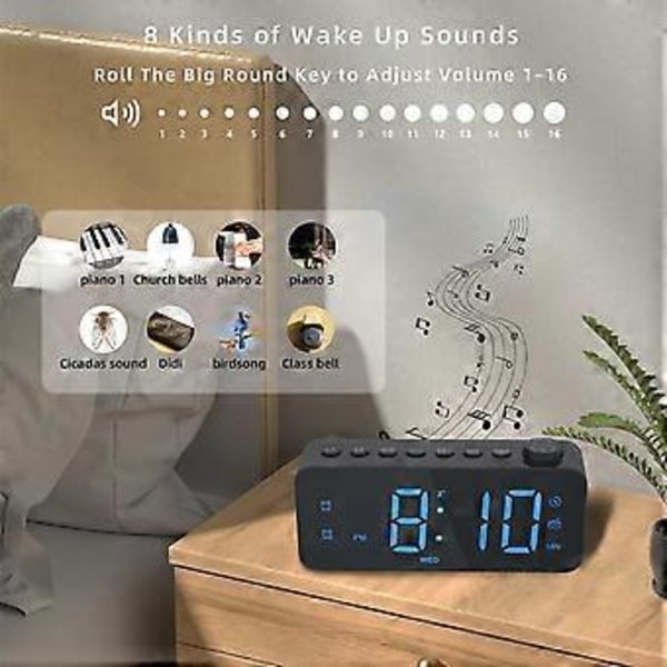 Digital Väckarklocka för Sovrum med FM-Radio, 8-Färgs Font Dimmer, USB A,C 2 Laddningsportar, Timer, Dubbla Alarm, Stor Siffra Sängbordsväckarklocka, för Ad