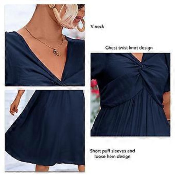 Kvinnors Klänning Twist Knyt V-Hals Kort Puffärm Lös Kant Casual Lång Klänning för Dagligt Bruk (L Lila Blå)
