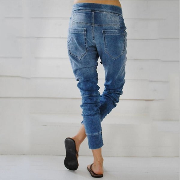 Women Drawstring Elastic Waist Jeans Casual Cropped Denim Pants Trousers Baggy Bottoms Light Blue S