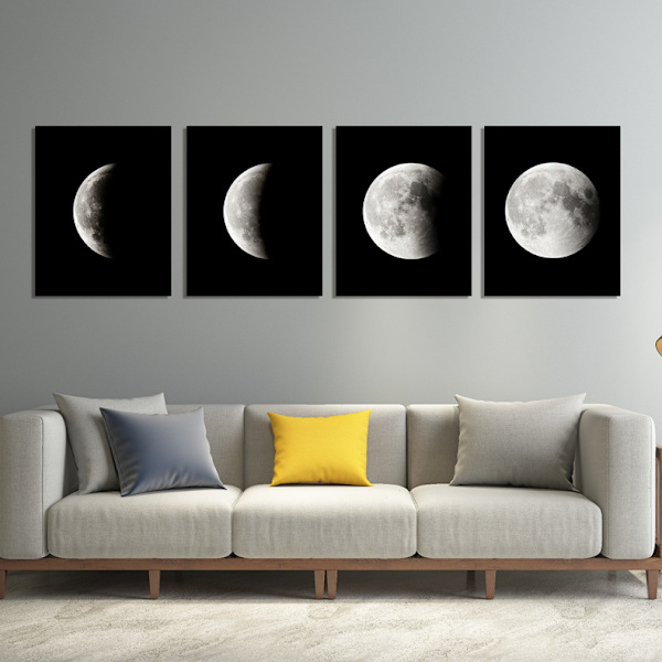 Mustavalkoinen kuu olohuoneen seinälle ripustettava maalaus, 4-osainen luna-sarja