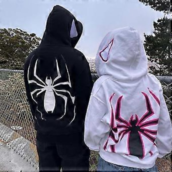 Hættetrøje med mørkt edderkop-print, løs, retro, hiphop, punk, kpop-dans, vintertøj, langærmet top (2XL Hvid)