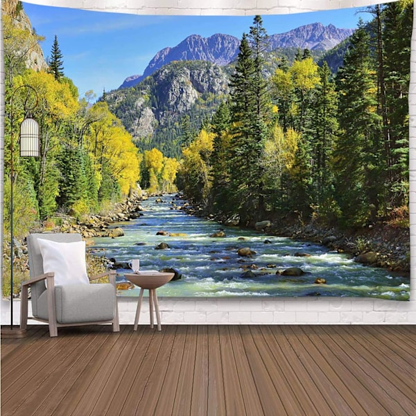 Nature Mountain Forest Tapestry, Scenic Green Pine Tree Waterfal