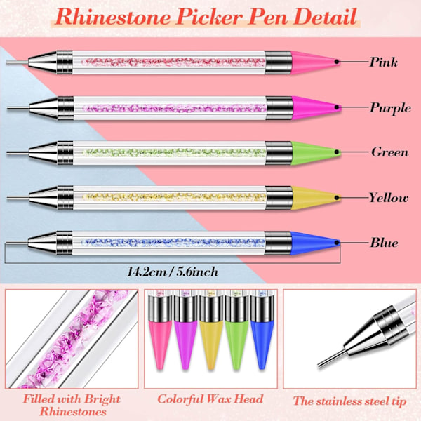 5 stk Rhinestone Point Pen, Dobbelt Hoved Rhinestone Gem Crystal Stu