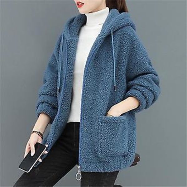 Thick Warm Lamb Coat Women Plus Size Hooded Outerwear Zipper Cardigan Hoodie(3XL Blue)