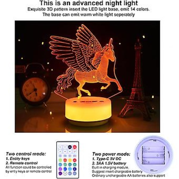 Enhörning nattlampa för barn Enhörning dekoration lampa, Enhörning presenter 14 färger dimbar + timer, fysisk knapp & fjärrkontroll Enhörning leksaker