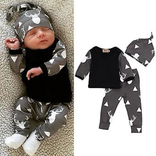 3-pack Nyfödd Bebis Pyjamas Långärmad T-shirt Toppar Byxor Beanie Hatt Outfit (9-12 Månader)