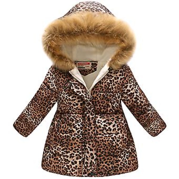 4-11 År Piger Faux Fur Krave Hætte Parka Frakke Vinter Lynlås Jakke (5-6 År Leopard)