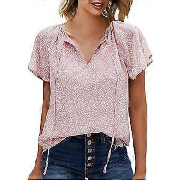 (NYTT MØNSTER) Dame Casual Blomsterprint V-hals Ruffle Kortermet Sommer Skjorter Topper Løse Bluser (style10588)
