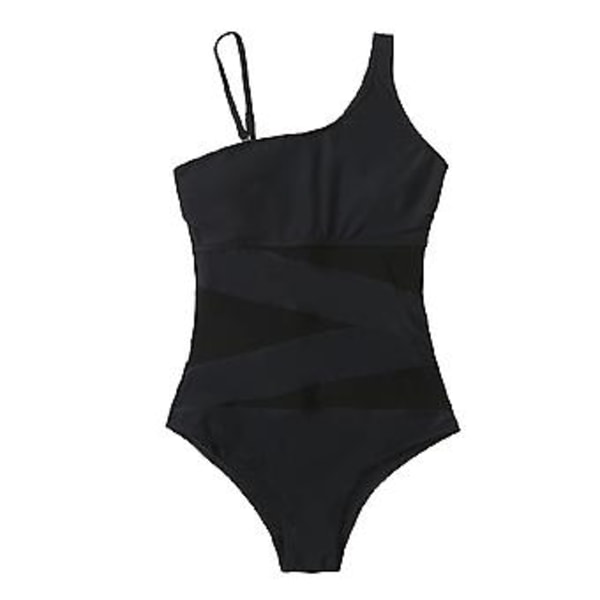 Dam Monokini Mesh Asymmetriska Axelband Badkläder Hög Utskuren En Delig Baddräkt (M Svart)