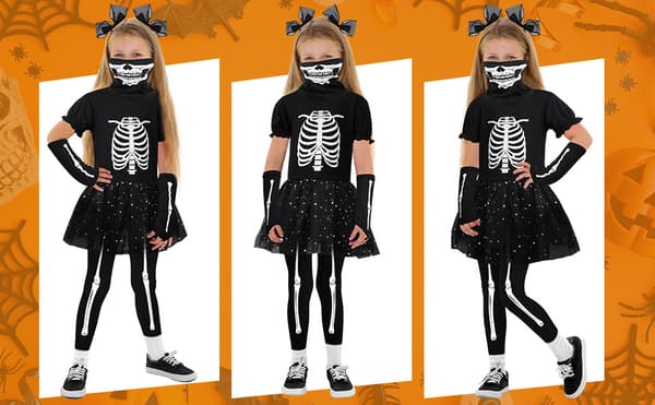 Selvlysende skelet-meshkjole til piger – Halloween-kostume / Skelet-udklædning til børn S
