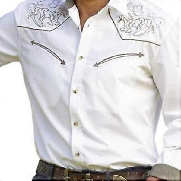 Miesten paita Vintage Western Cowboy -kuvioinen Yksirivinen Slim Fit Pitkähihainen Käännettävä kaulus Napit (2XL valkoinen)