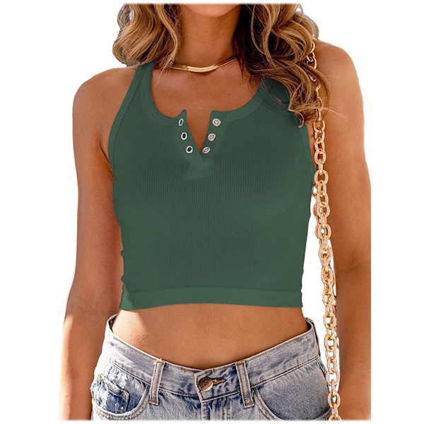 Tank Tops for Women Button Down Sleeveless Ribbed Slim Fit Henley Shirts L Green