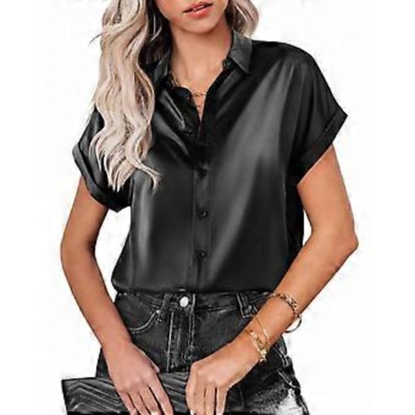 Dame Satin Skjorte Sort Grøn Hvid Revers Knap Kortærmet Toppe Løs Bluse(XL sort)