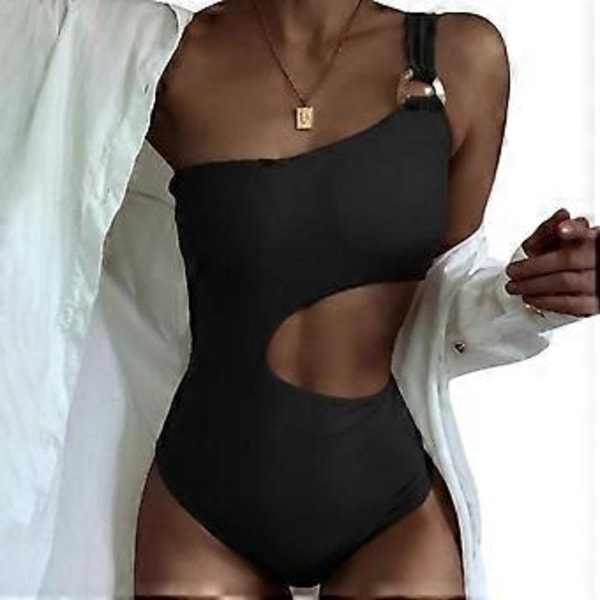 Dame One Shoulder Stribet Højbenet Badedragt i Ét Stykke Thong Badedragter (S Sort)