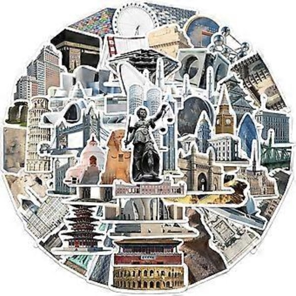 65 st Världsarkitektur Klistermärken Coola Trendiga Världsberömda Byggnader Klistermärken för Vuxen Journal, Estetiska Vinyl Vattentäta Klistermärken för Bärbara Datorer Scrapb