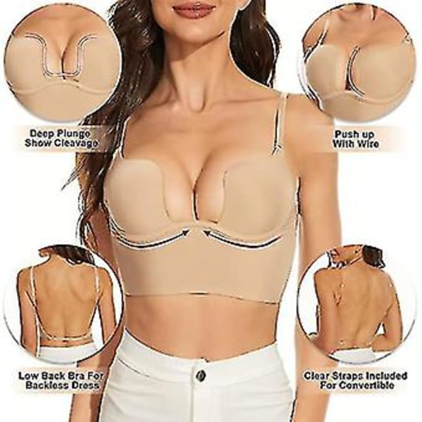Dame BH med lav rygg, bøyleløft, dyp U-formet utringning, ryggløs BH med konvertible klare stropper, høy kvalitet (36D Nude)