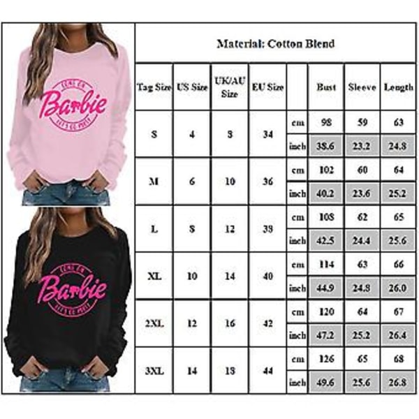 Barbie Dame Trykt Langærmet T-shirt Sweatshirt Trøje Bluser Topper (XL Sort)