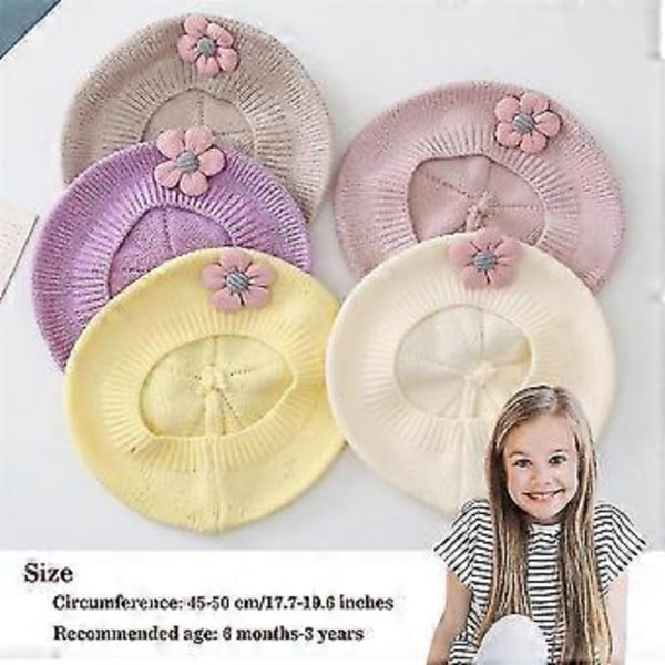 Talvinen ranskalainen baretti taaperolle, jossa kukka, vauvan lasten tyttöjen myssy, lämmin neulevilla taiteilijan maalarihattu -NMAOV (Beige)