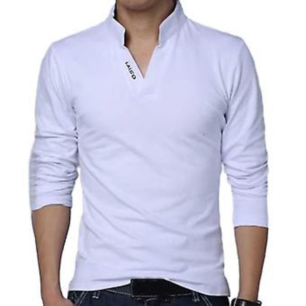 Mænd Forår Efterår T-shirt Stående Krave V-hals Langærmet Blød Slim Fit Ensfarvet Blød Åndbar Business Style Mænd Midt Lang Top (XL Hvid)