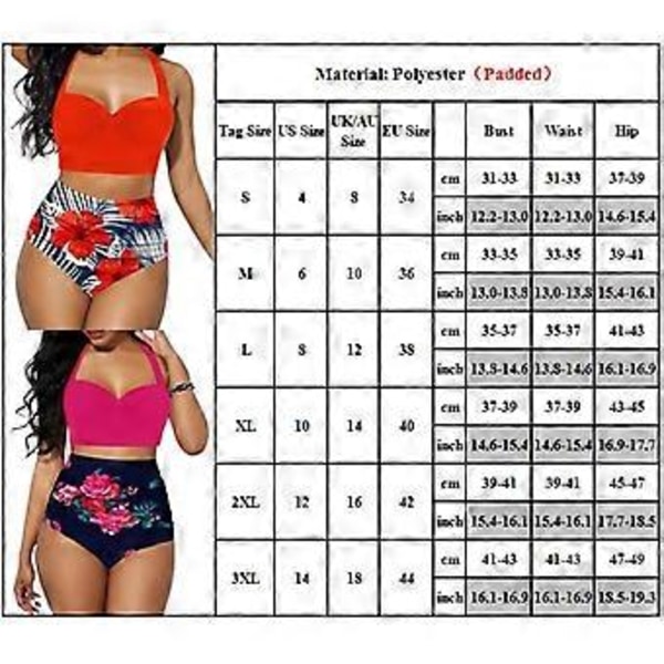 Bikinisett for kvinner med trykk, polstret bh-topp, høy midje, badedrakt for sommer, strandferie, badetøy (2XL Roserød)