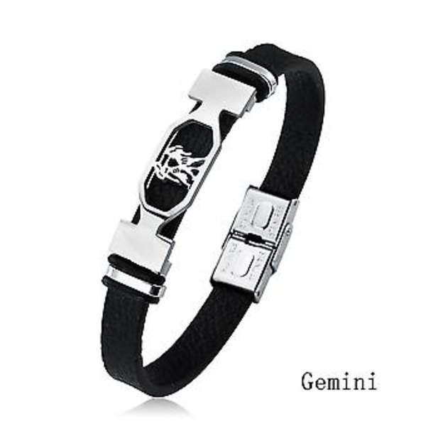 12 Konstellation Rustfrit Stål Manschet Armbånd Mænd Kvinder Zodiac Tegn Sort Læder Wrap Armbånd Smykker Pulseras Hombre (Tvilling)