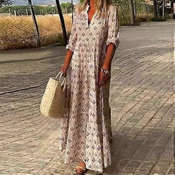 Maxiklänning Charmig Ståkrage Mjuk Lång Klänning Casual Lös Boho Tryck Maxiklänning Streetwear (XL blå)