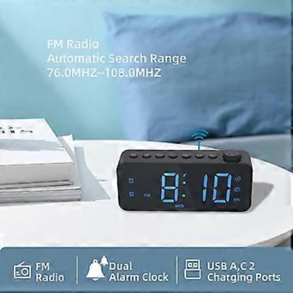 Digital Väckarklocka för Sovrum med FM-Radio, 8-Färgs Font Dimmer, USB A,C 2 Laddningsportar, Timer, Dubbla Alarm, Stor Siffra Sängbordsväckarklocka, för Ad