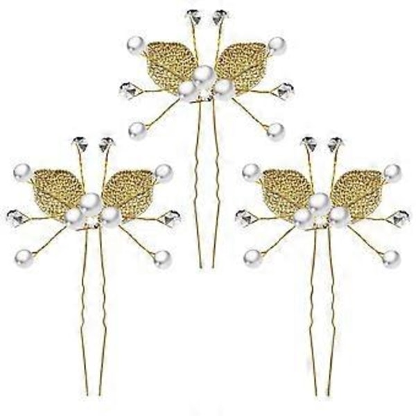 Set med 3 Pärlhårklämmor, Brudhårsprydnader Lövpärla Strassbrosch Balhåraccessoarer för Bröllopsbrudar (Guld)